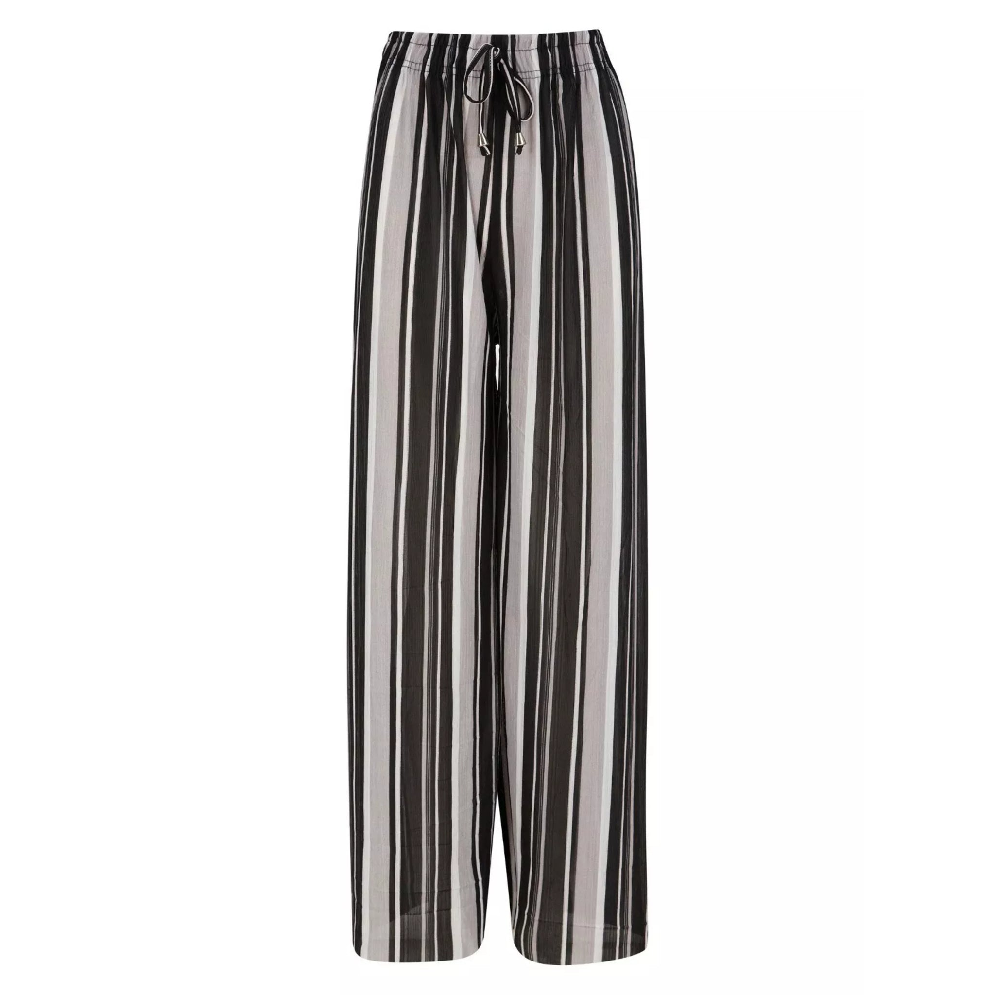 Women’s black and grey striped harem palazzo trousers with drawstring waist.